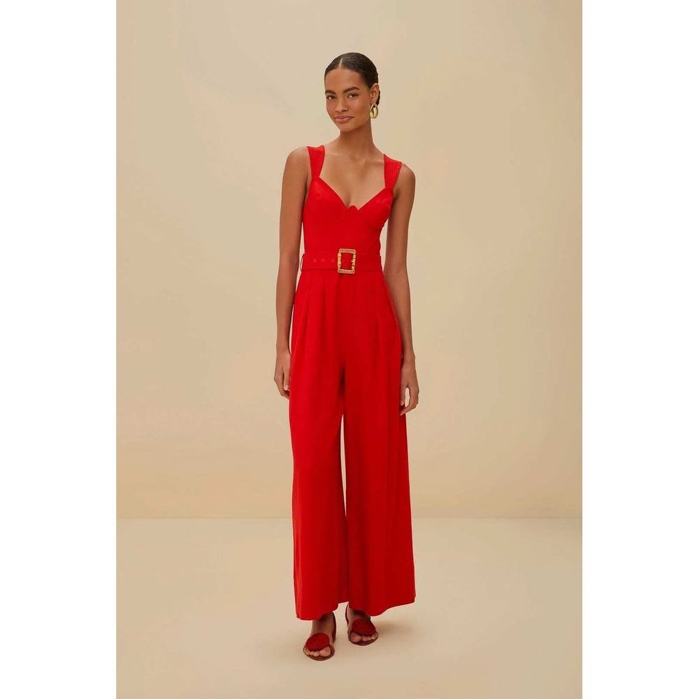 New! FARM Rio $270 Womens Red Linen Blend Boho Sleeveless Maxi Wide Leg Jumpsuit
